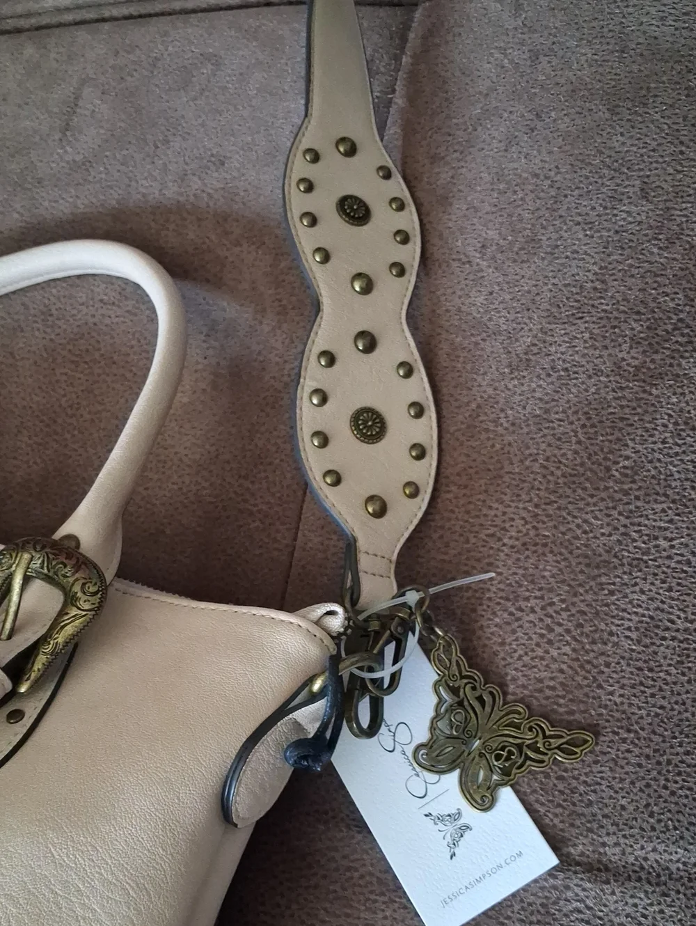 Jessica Simpson Beige Women's Faux Leather Tote Bag with Decorative Buckles